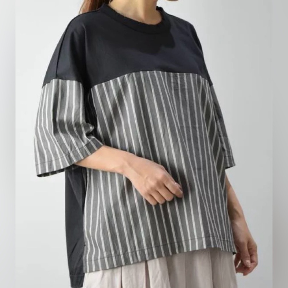 Prit Japan Mixed Media Striped Top-Charcoal-One Size